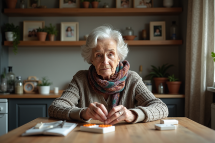 Femme âgée organise ses médicaments dans la cuisine