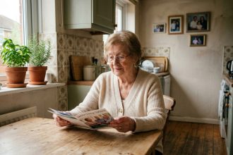 Femme âgée réfléchissant à son avenir dans sa cuisine familiale en feuilletant une brochure sur les résidences seniors