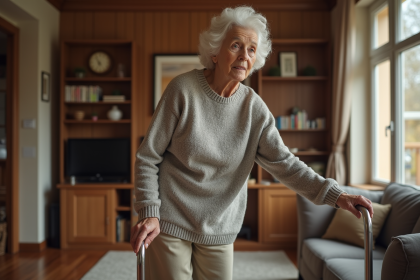 Femme &acirc;g&eacute;e utilisant une barre de maintien dans un salon chaleureux