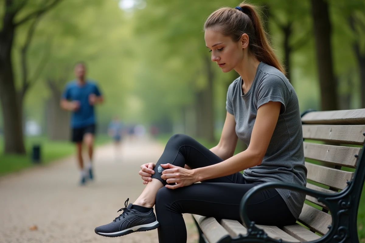 Femme sportive appliquant un gel sur son talon dans un parc urbain
