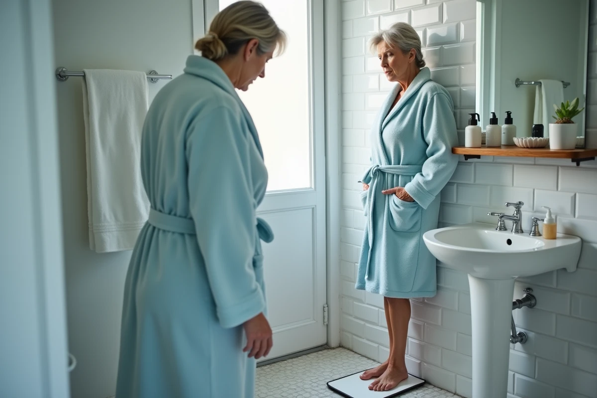 Femme debout sur une balance dans sa salle de bain à domicile avec une expression préoccupée face à une prise de poids inexpliquée