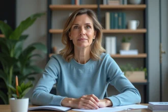 Femme d'&acirc;ge moyen faisant un geste inhabituel au bureau