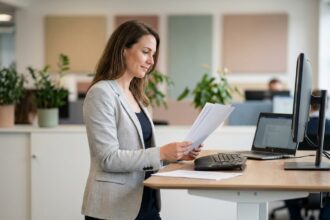 Femme debout à un bureau réglable en hauteur dans un open space moderne, illustrant l'alternance position assise et debout au travail