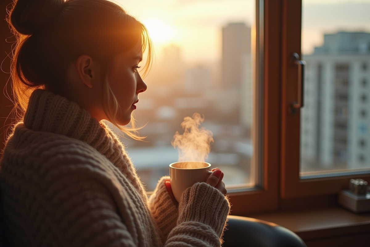 Femme dans un pull en laine tenant une tasse fumante près d'une fenêtre
