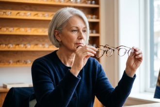 Femme de 60 ans essayant des lunettes chez un opticien pour corriger sa vue basse
