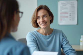 Femme d'âge moyen en consultation médicale rassurante
