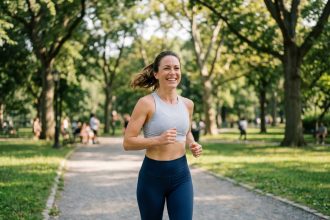 Femme souriante en course dans un parc urbain au matin