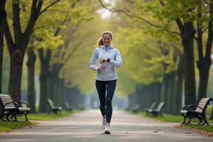 Femme souriante en course dans un parc urbain