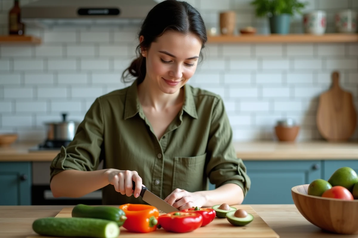 Femme préparant un repas sain à base de légumes frais dans sa cuisine, alimentation équilibrée dans le cadre de la guérison d'une névralgie pudendale