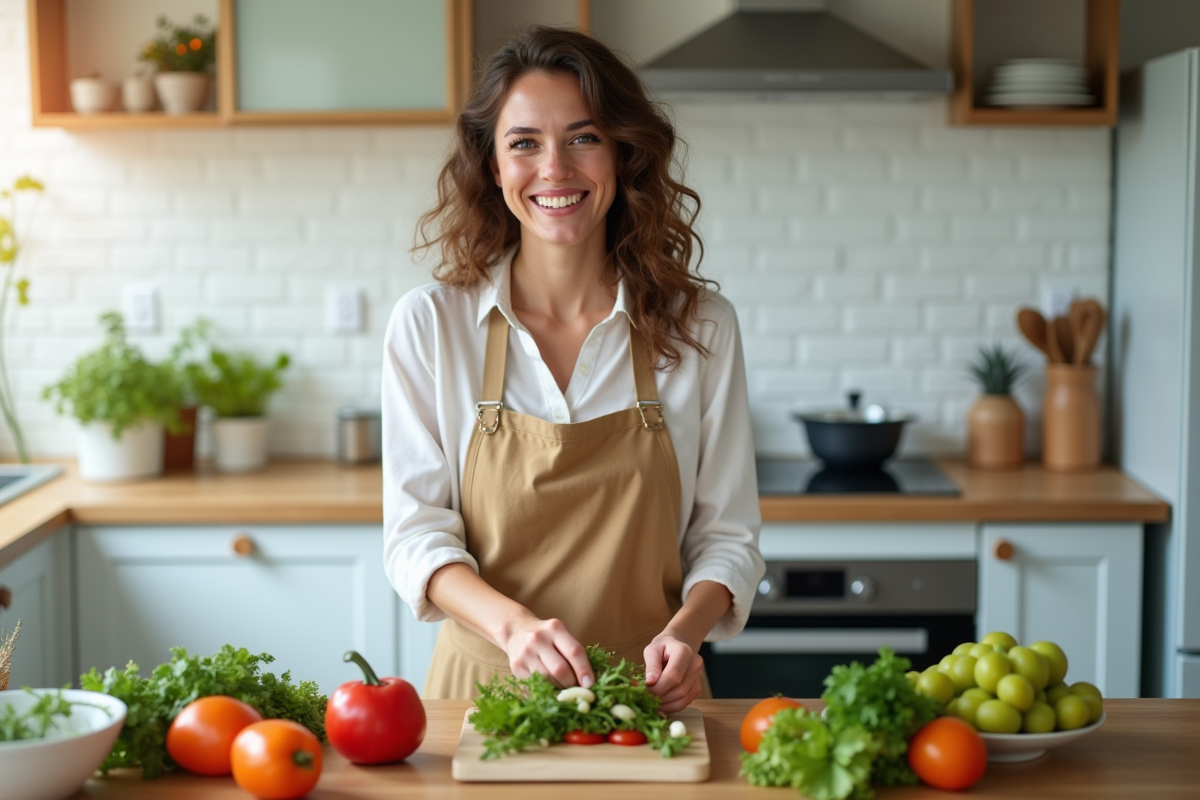 Femme souriante préparant un repas keto dans une cuisine lumineuse