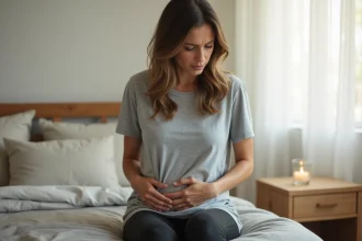 Femme tenant son bas-ventre assise sur un lit, illustrant les douleurs silencieuses d'un kyste aux ovaires