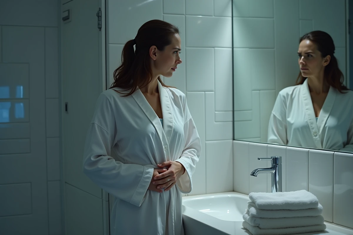 Femme en robe de chambre debout dans la salle de bain la nuit se tenant le côté droit sous les côtes