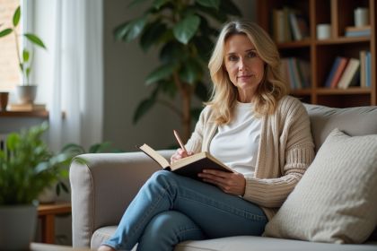 Femme d'âge moyen écrivant dans un journal dans un salon cosy