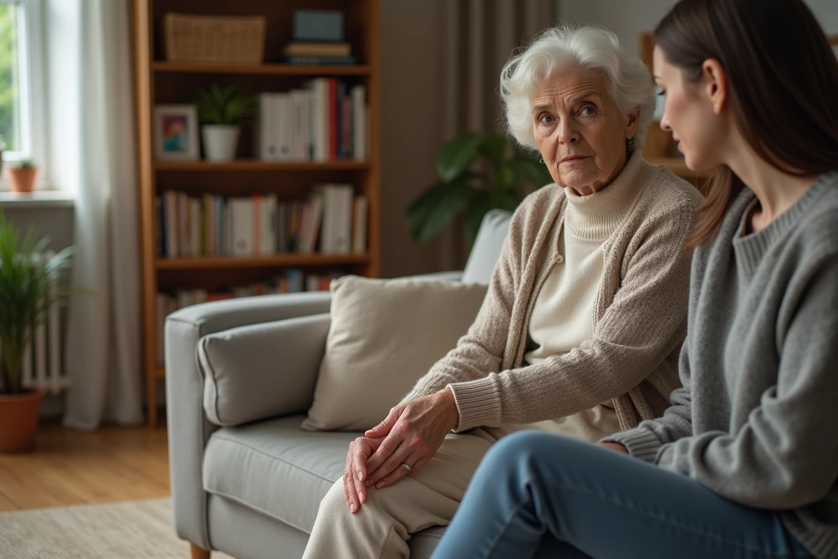 Femme âgée discutant avec un jeune adulte à la maison