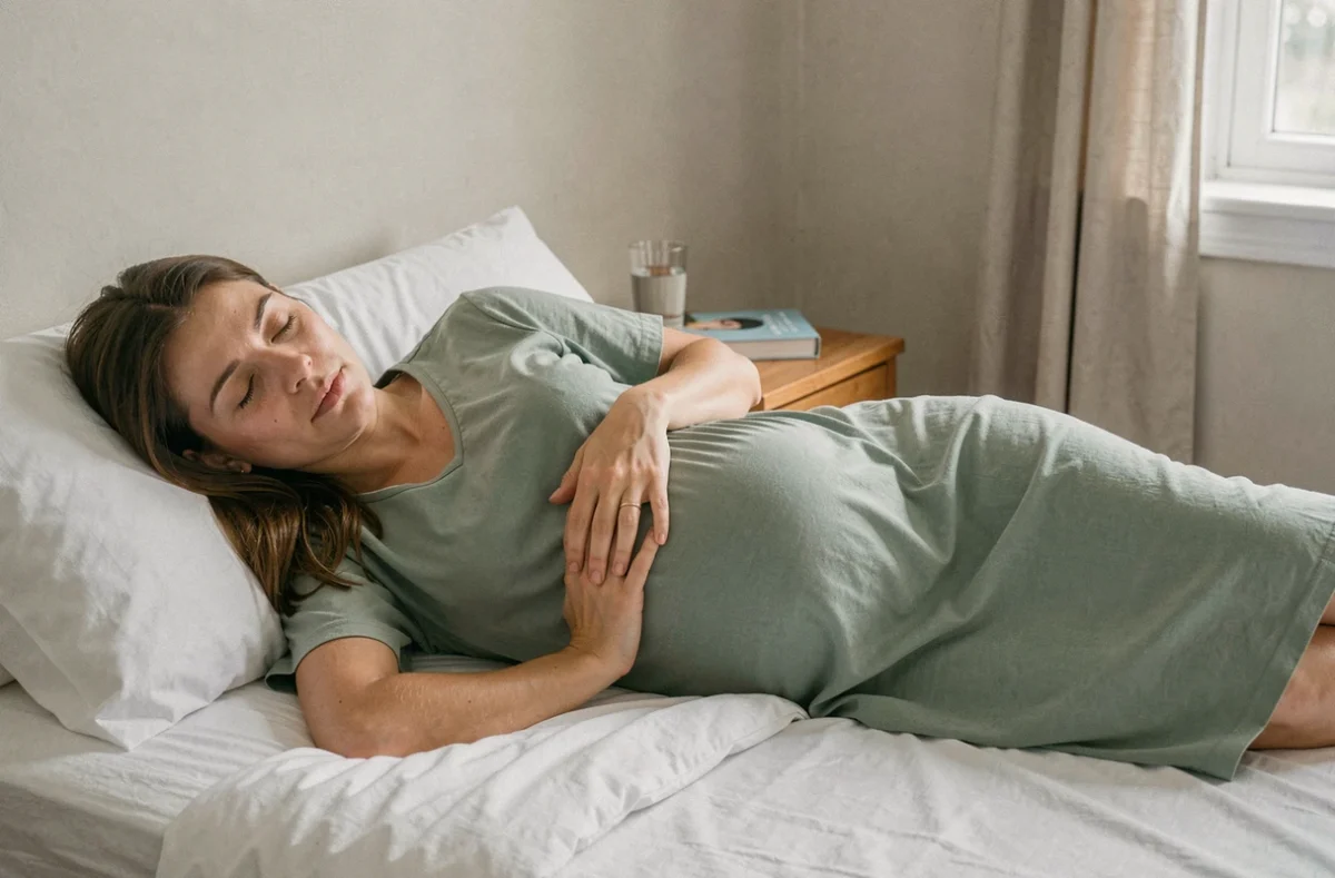 Femme enceinte allongée sur le côté gauche avec la main posée sous les côtes droites, exprimant une gêne abdominale dans sa chambre