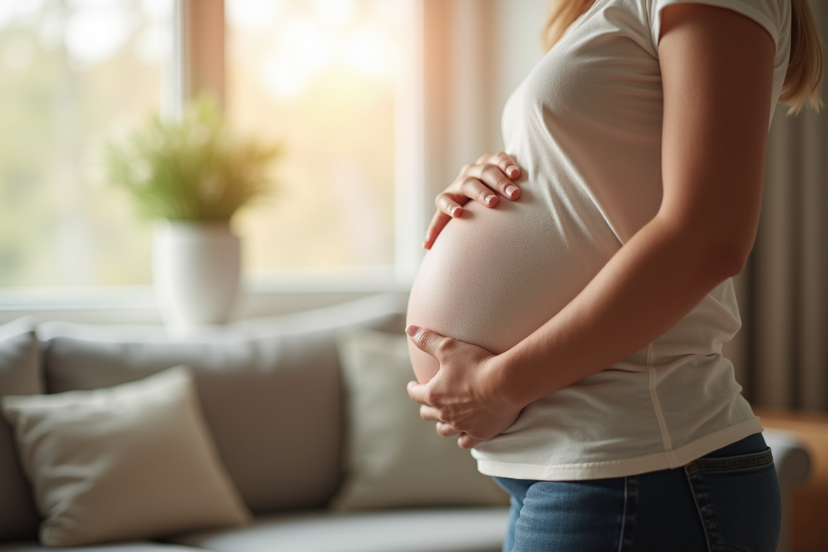 Femme enceinte tenant son ventre dans un salon lumineux