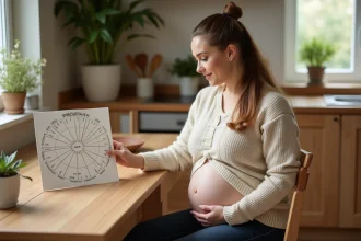 Femme enceinte calculant son terme de grossesse en semaines d'aménorrhée avec un calendrier de grossesse sur une table en bois