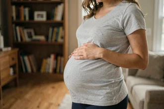 Femme enceinte au troisième trimestre tenant sa main contre les côtes, ressentant une gêne costale, dans un salon chaleureux