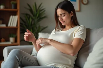 Femme enceinte massant son avant-bras à cause de fourmillements pendant la grossesse