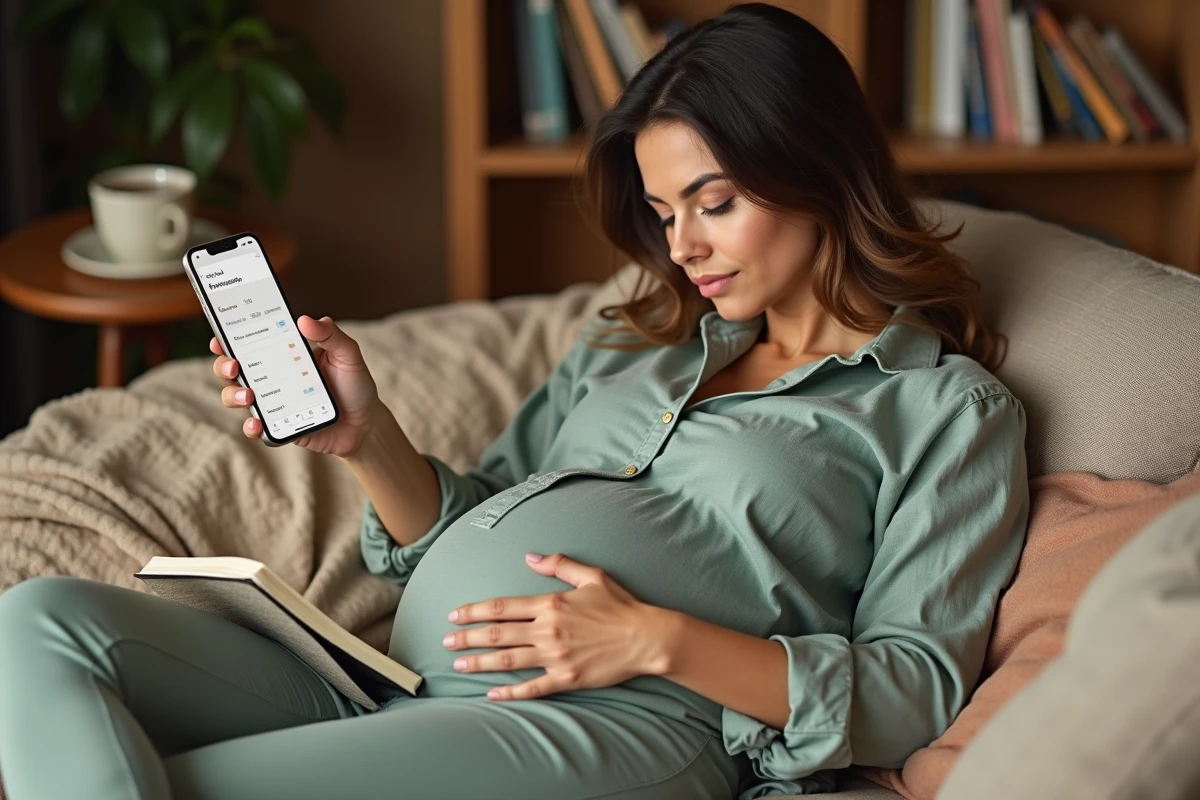Femme enceinte notant son terme de grossesse en semaines aménorrhée dans un journal de grossesse avec une application sur smartphone