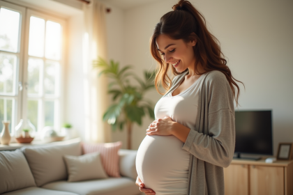 Femme enceinte souriante dans un salon lumineux