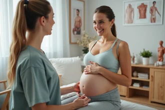 Femme enceinte souriante en consultation avec osteopathe