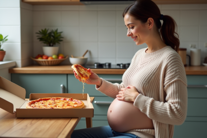 Femme enceinte souriante mangeant une pizza dans la cuisine