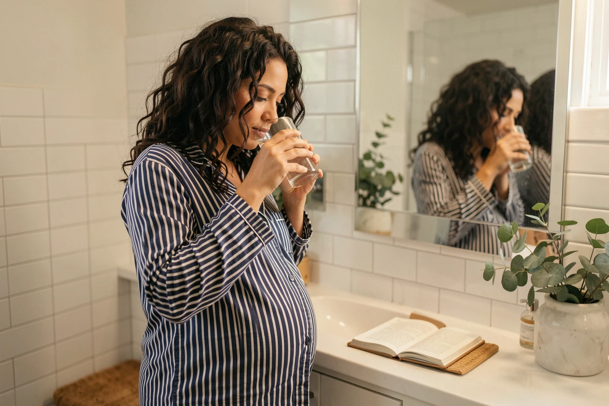 Femme enceinte en pyjama buvant un verre d'eau dans sa salle de bain lors d'une routine matinale bien-être contre la constipation