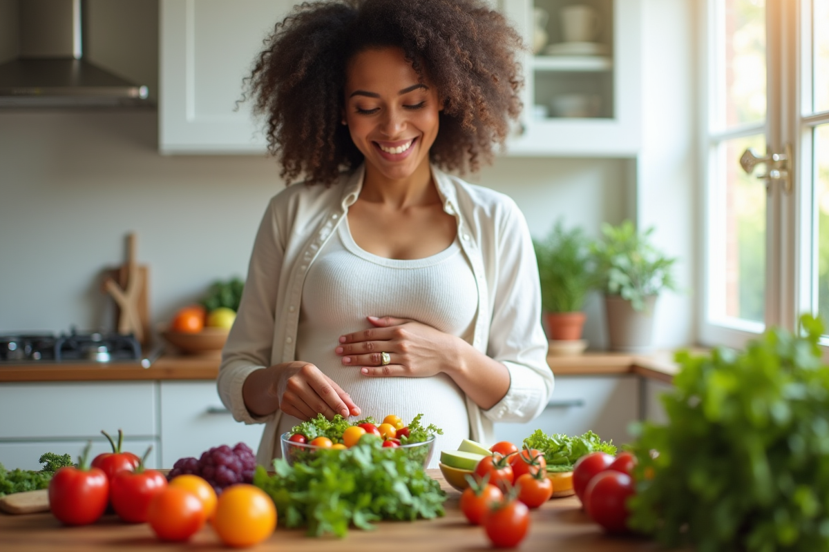 Femme enceinte souriante préparant une salade fraîche dans la cuisine