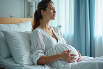 Femme enceinte assise sur un ballon de maternité dans une salle de naissance
