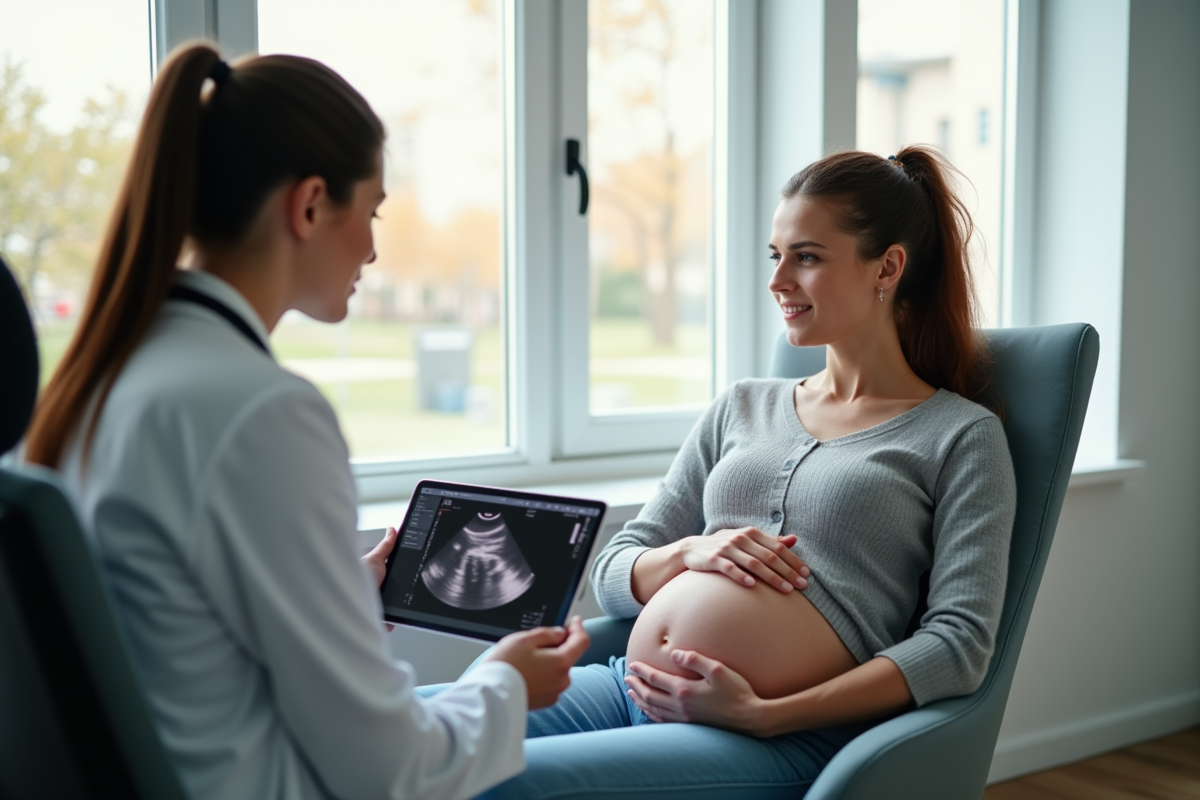 Femme enceinte dans un cabinet médical lumineux