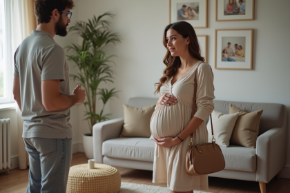 Femme enceinte dans un salon moderne et rassurant