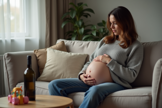 Femme enceinte assise sur un canapé à la maison