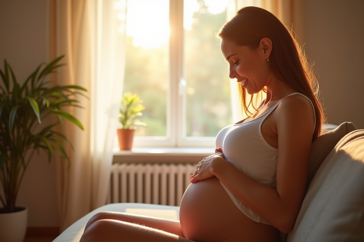 Femme enceinte tenant son ventre dans un salon lumineux