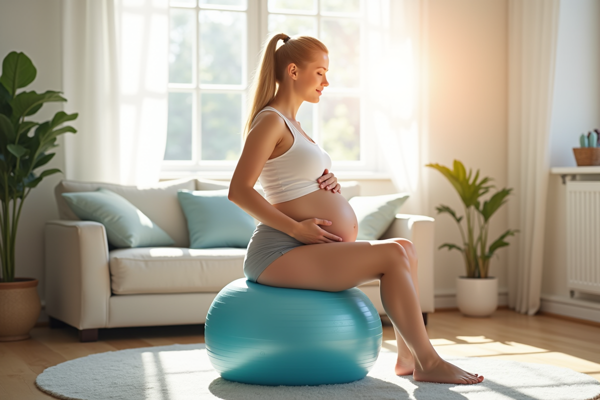 Femme enceinte assise sur ballon dans salon lumineux
