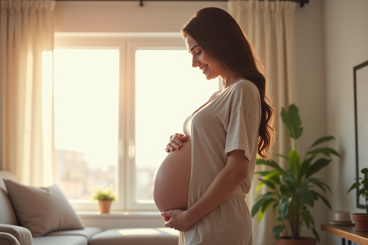 Femme enceinte souriante dans un salon lumineux