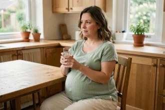 Femme enceinte au troisième trimestre tenant un verre d'eau minérale à la table de sa cuisine en bois