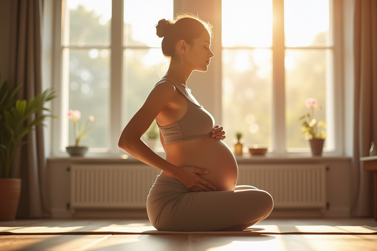 Femme enceinte faisant du yoga dans un salon lumineux