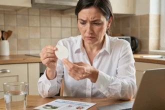 Femme examinant un patch à la berbérine en comparant les informations produit pour éviter les arnaques