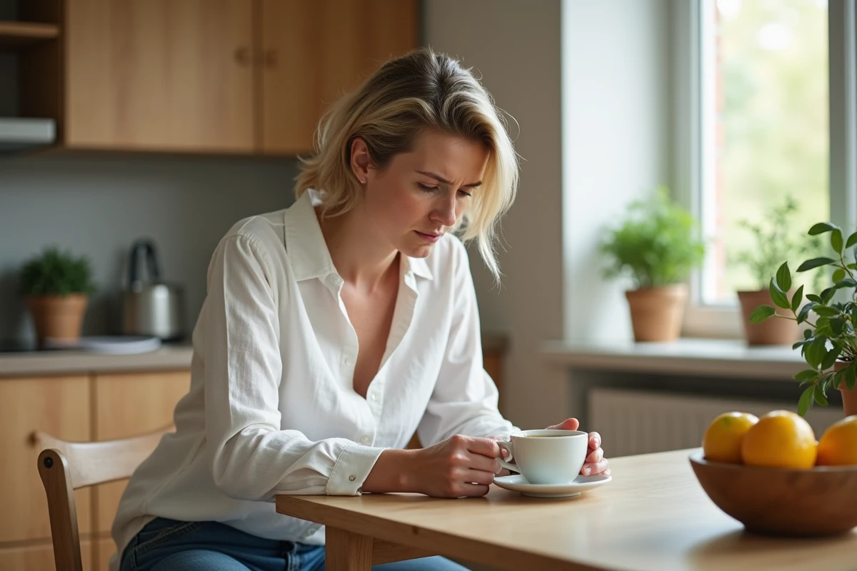 Femme fatiguée tenant une tasse de tisane dans sa cuisine, symptôme discret d'un kyste aux ovaires