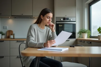 Femme réfléchissant à un formulaire médical dans la cuisine