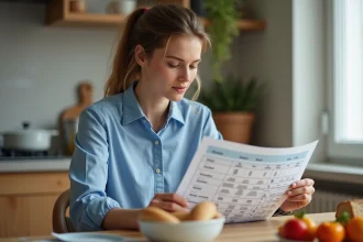 Femme regardant un tableau de glucides dans une cuisine lumineuse