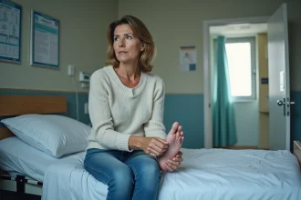 Femme d'âge moyen examinant son talon dans une chambre d'hôpital