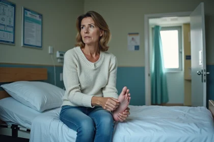 Femme d'&acirc;ge moyen examinant son talon dans une chambre d'h&ocirc;pital
