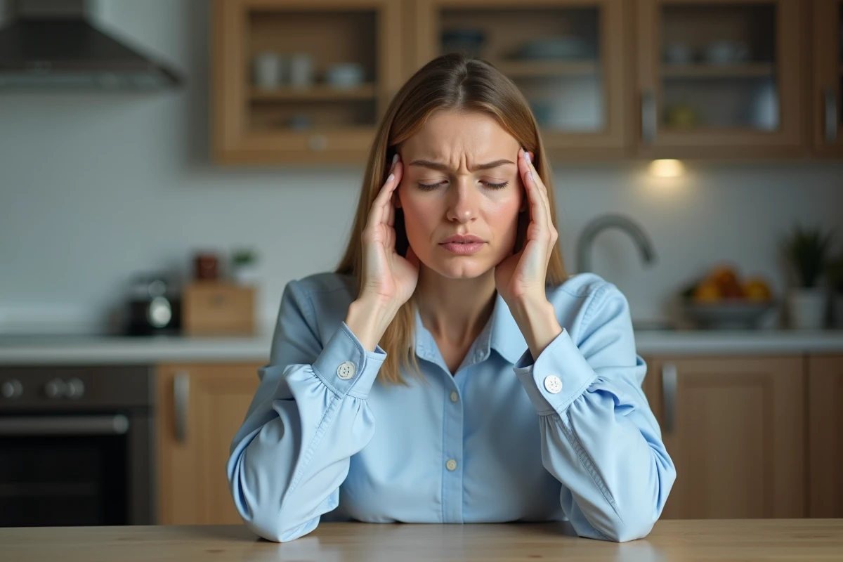 Femme d'âge moyen en détresse dans une cuisine moderne