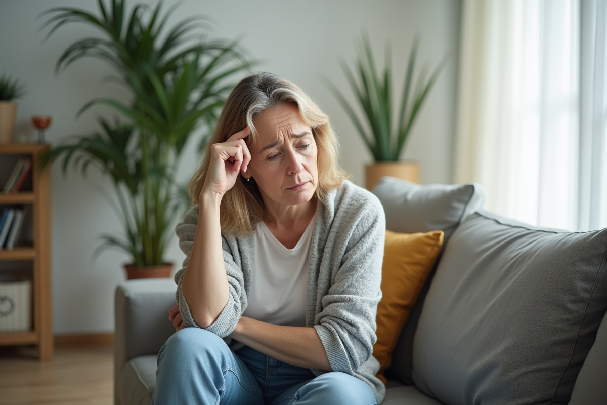 Femme d'âge moyen assise sur un canapé lumineux avec expression de malaise