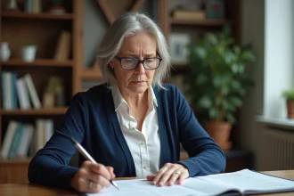 Femme en invalidité catégorie 2 examinant des documents administratifs liés à ses droits au chômage
