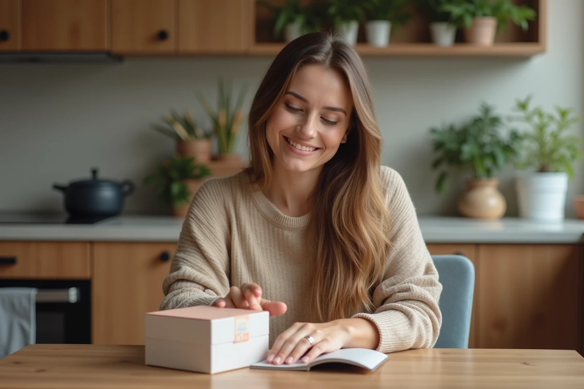 Femme souriante lisant un produit dans sa cuisine moderne