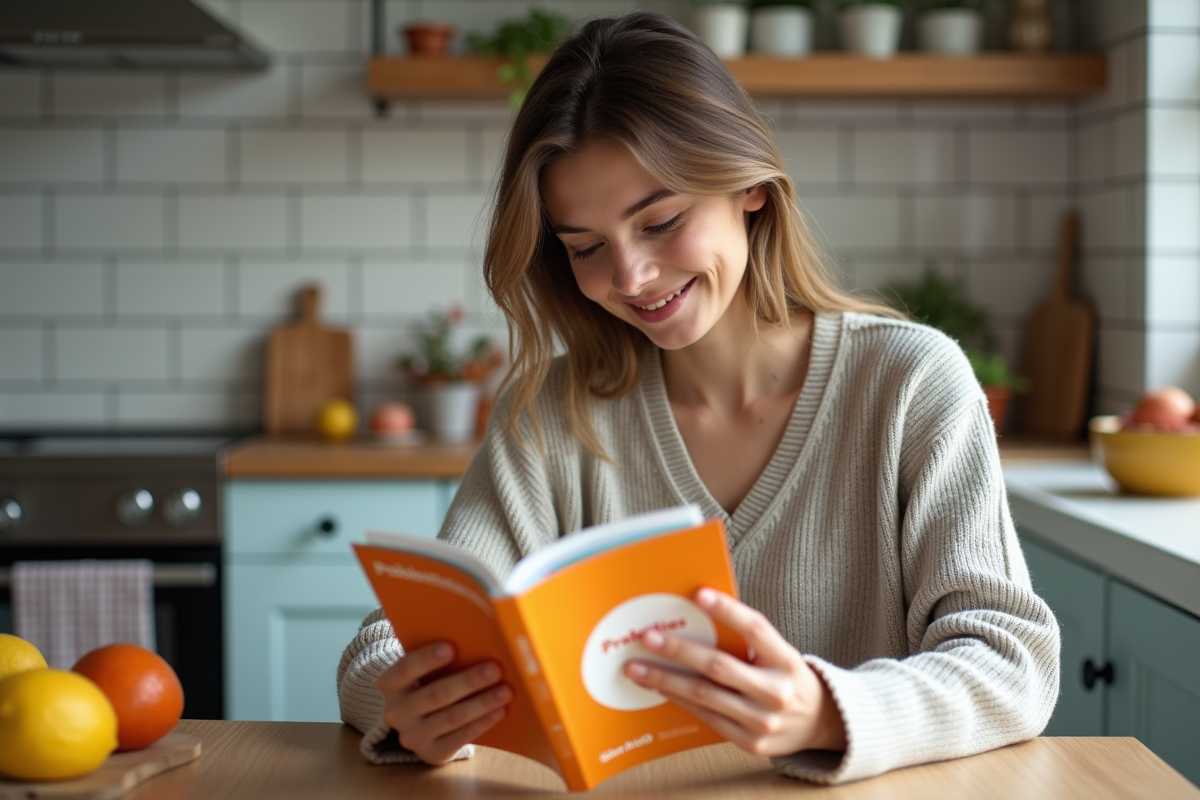 Jeune femme lisant un livret sur la digestion à la maison