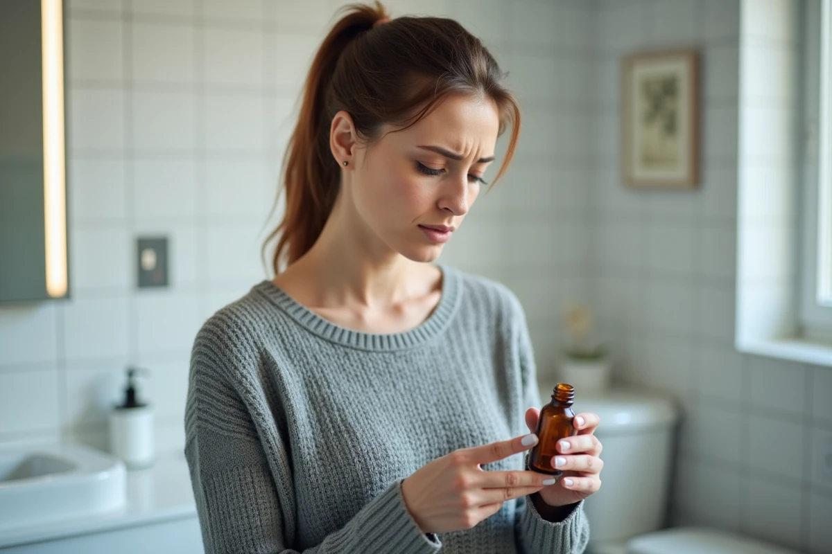 Femme d'âge moyen lisant attentivement l'étiquette d'une bouteille d'huile de ricin dans une salle de bain, illustrant la vigilance face au risque de surdosage laxatif